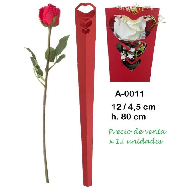 CONO UNA ROSA CORAZON ROJO  X 12 PZS -  80x12x4,5 cm